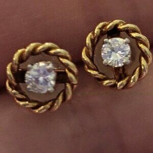 14K Yellow Gold Twisted Rope Frame Brilliant Round  Diamond Earrings Vintage